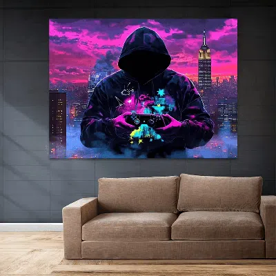Senrotini 2d Flat - 2d Flat Fluorescent Tapestry Mysterious Man Game Controller Print, 40*30in Non- Polyester  In Multi