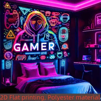 Senrotini 2d Flat, 2d Flat Fluorescent Tapestry, Neon Game Theme Print, Room Decor Wall Hanging - 90*60in In Multi