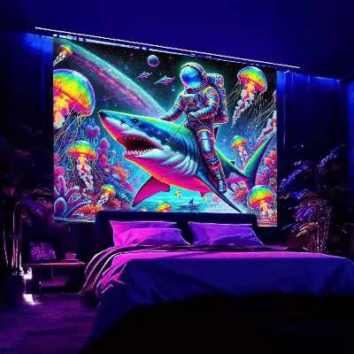 Senrotini 2d Flat - A Vibrant 2d Fluorescent Tapestry Featuring A Neon Celestial Astronaut Design -40*30in In Multi