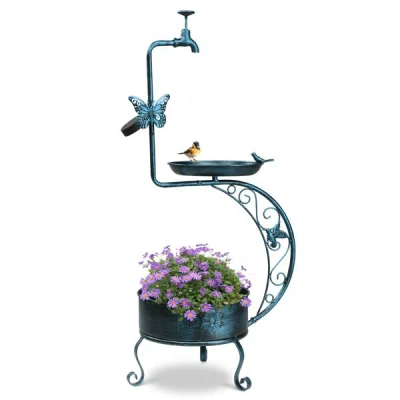 Senrotini 36 Inch Bird Baths For Outdoors, Vintage Metal Garden Bird Bath With Solar Lamp And Flower Planter P In Blue