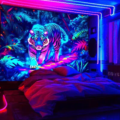 Senrotini A Large Fluorescent Printed Tapestry Featuring A Majestic Tiger In A Natural Jungle Setting, 59inch* In Multi