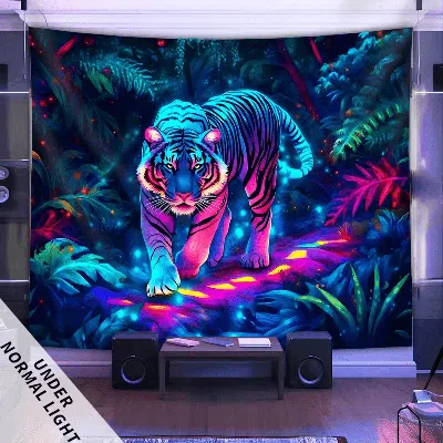 Senrotini A Large Fluorescent Printed Tapestry Featuring A Majestic Tiger In A Natural Jungle Setting, 90inch* In Multi