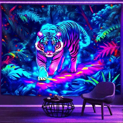 Senrotini A Large Fluorescent Printed Tapestry Featuring A Majestic Tiger In A Natural Jungle Setting, 96.4inc In Multi