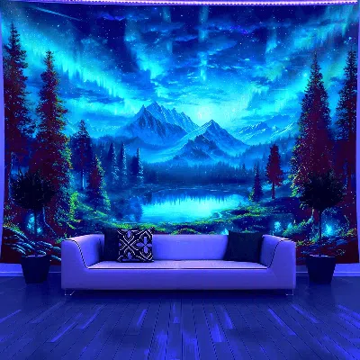 Senrotini A Large-sized Fluorescent Printed Tapestry Featuring A Starry Mountain Forest Lake That Glows Under 
