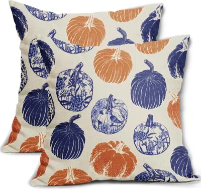 Senrotini Blue Orange Pumpkin Fall Pillow Covers 20x20 Set Of 2 Chinoiserie Autumn Thanksgiving Grandmillennia In Multi