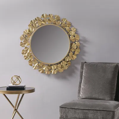 Senrotini Gold Gingko Leaf Round Wall Mirror 30.5" In Neutral