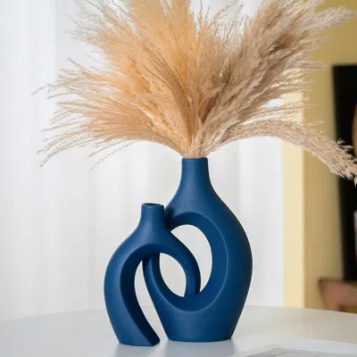 Senrotini Hollow Ceramic Vase Set Of 2, 11inch Nordic Modern Boho Ins Style Decorative Ceramic Aesthetic Flowe In Blue