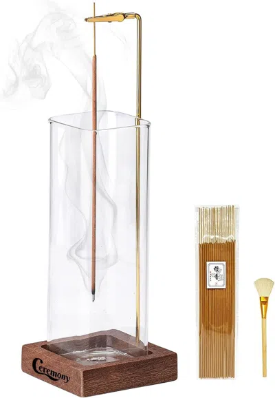 Senrotini Incense Holder, Wooden Incense Holder For Sticks With Glass Ash Catcher, Anti-ash Incense Burner Wit