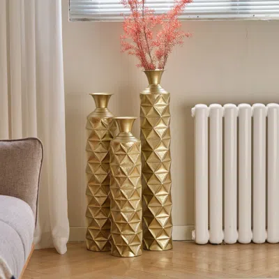 Senrotini Metal Decorative Vase High Distress Metal Center Vase With 3d Triangle Pattern, Set Of 3 Vases For H In Gold