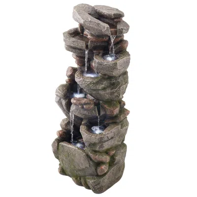 Senrotini Outdoor Water Fountain, 38.98 In Height Fountain And Waterfall, 7-tier Floor Standing Rock-shaped Ca In Brown