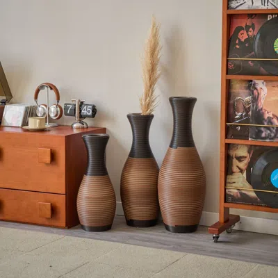 Senrotini Set Of 3 Designer Floor Vases, Large Vases For Home Decor Flooring, Artificial Rattan Floor Vases, B In Brown