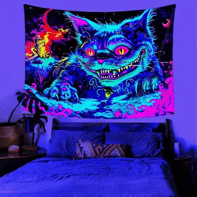 Senrotini Uv Activated Neon Colors Black Light Reactive Fierce Giant Cat Tapestry - Polyester Wall Hanging -37 In Multi