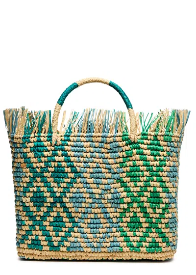 Sensi Studio Canasta Fringed Woven Straw Tote In Green