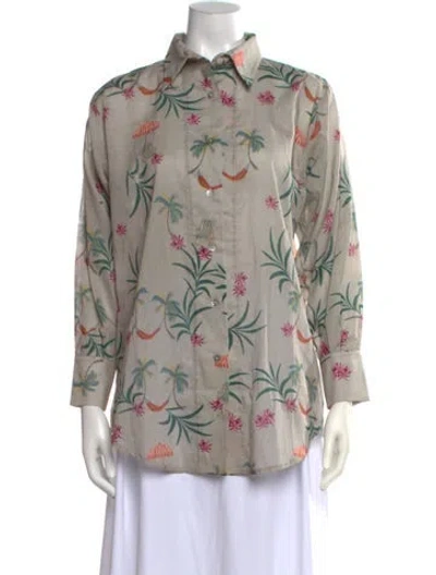 Pre-owned Sensi Studio Floral Print Long Sleeve Button-up Top W/ Tags In Neutrals