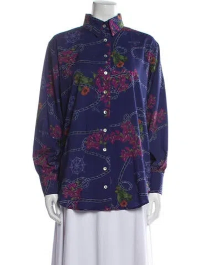 Pre-owned Sensi Studio Floral Print Mock Neck Blouse W/ Tags In Blue