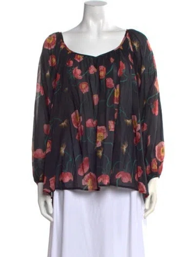 Pre-owned Sensi Studio Floral Print Scoop Neck Blouse In Black