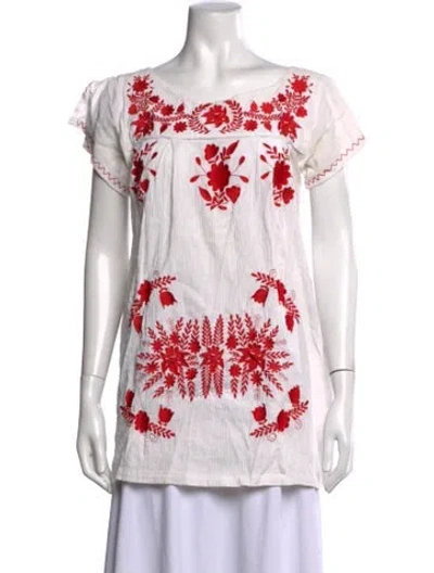 Pre-owned Sensi Studio Floral Print Scoop Neck Blouse In White