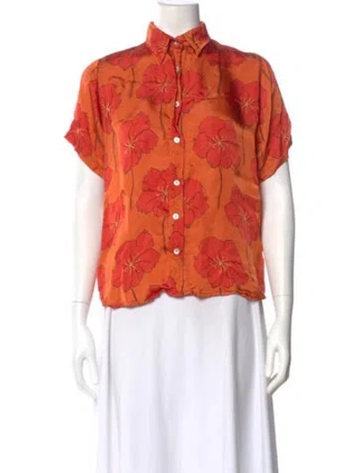 Pre-owned Sensi Studio Floral Print Short Sleeve Button-up Top In Orange