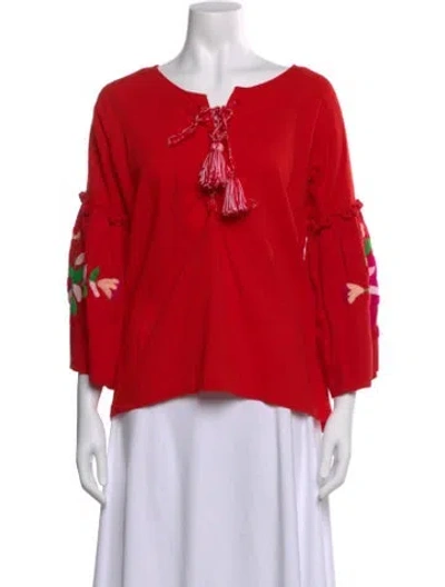 Pre-owned Sensi Studio Floral Print Tie Neck Top W/ Tags In Red