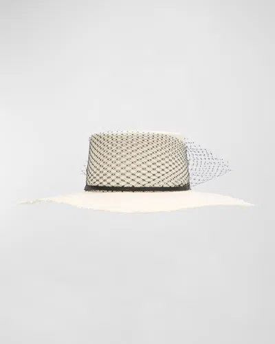 Sensi Studio Glamour Veiled Straw Large Brim Hat In White