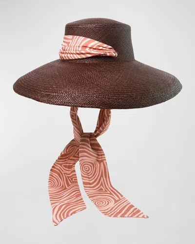 Sensi Studio Lampshade Cordovan Straw Large Brim Hat With A Printed Band In Brown