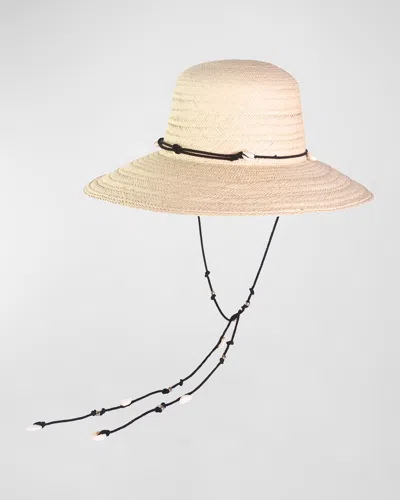 Sensi Studio Lampshade Texturized Straw Bucket Hat With Shells In Natural Straw Black Leather