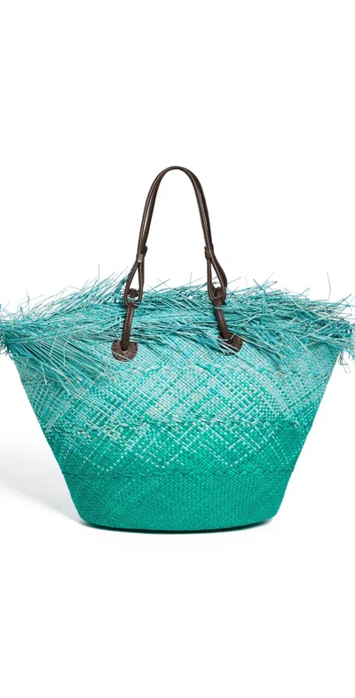 Sensi Studio Medium Basket Tote With Frayed Border Turquoise/light Blue Straw In Turquoise-light Blue Straw/cho