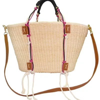 Sensi Studio Open Weave Beach Basket Bag In Natural Staw/camel Leather In Beige