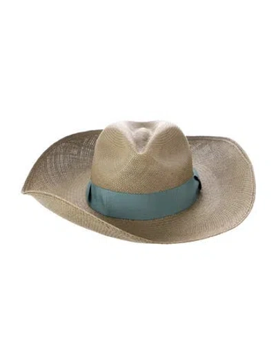 Pre-owned Sensi Studio Ribbon Accent Wide Brim Straw Sun Hat In Green