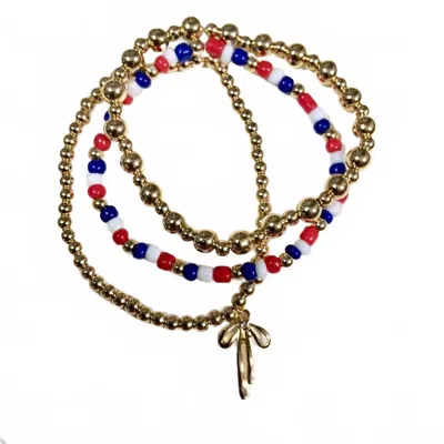 Sensibling Corp Women's Bow Charm 3-piece Patriotic Stretch Bracelet Set In Red, White, Blue, Gold In Multi