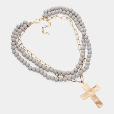 Sensibling Corp Women's Maribelle Hammered Metal Cross Pendant Wood Bead Necklace In Grey In Silver