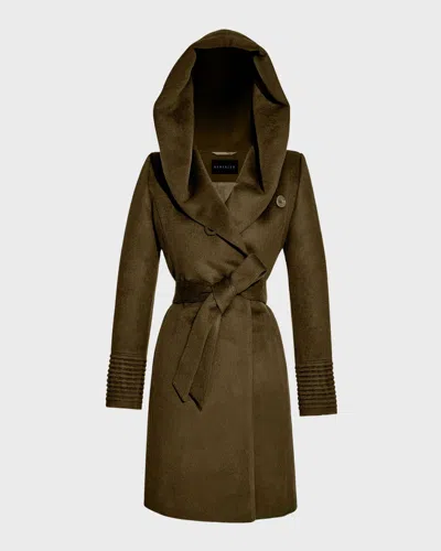 Sentaler Mid-length Hooded Wrap Baby Alpaca Wool Coat In Olive Green