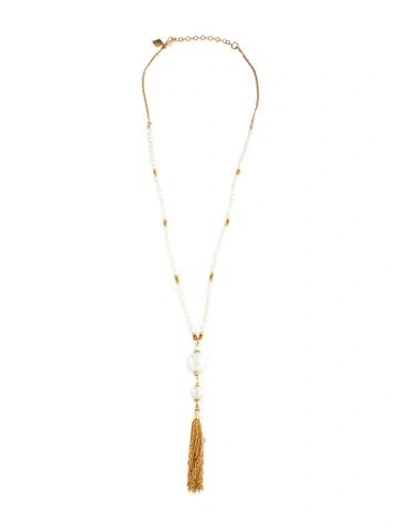 Pre-owned Sequin Crystal & Faux Pearl Tassel Pendant Necklace, 31" In White