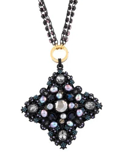 Pre-owned Sequin Crystal & Mother Of Pearl Pendant Necklace, 30" In Purple