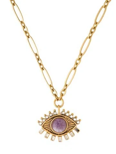 Pre-owned Sequin Crystal & Stone Eye Pendant Necklace, 17.5" In Purple/white