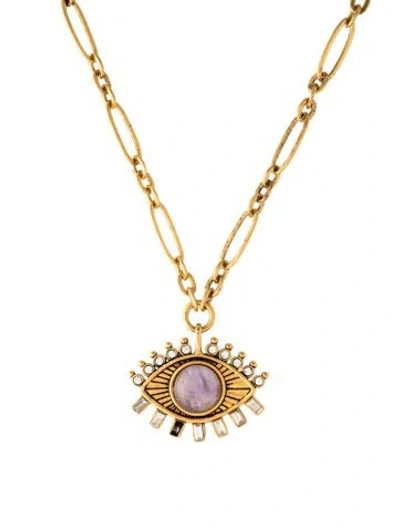 Pre-owned Sequin Crystal & Stone Eye Pendant Necklace, 17.75" In Purple/white