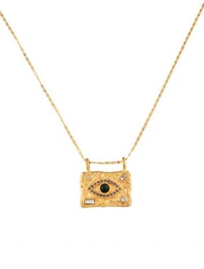 Pre-owned Sequin Crystal & Stone See No Evil Talisman Necklace, 19.5" In Green