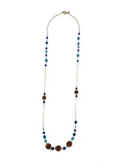 Pre-owned Sequin Crystal, Wood, Stone & Bead Long Station Necklace, 48" In Blue