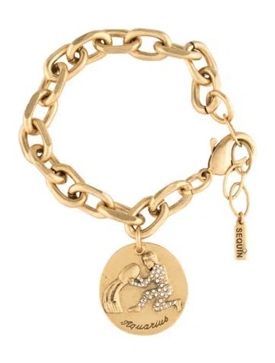 Pre-owned Sequin Crystal Zodiac 'aquarius' Link Charm Bracelet, 8" In Multicolor