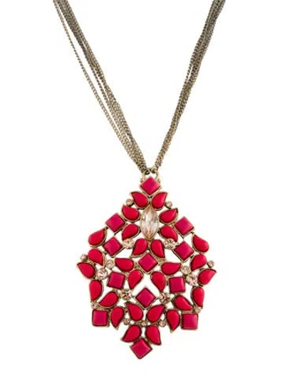 Pre-owned Sequin Enamel & Crystal Pendant Necklace, 19" In Pink
