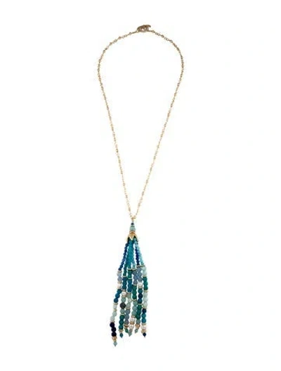 Pre-owned Sequin Faux Pearl, Stone & Crystal Lariat Necklace, .25", 28" In Blue