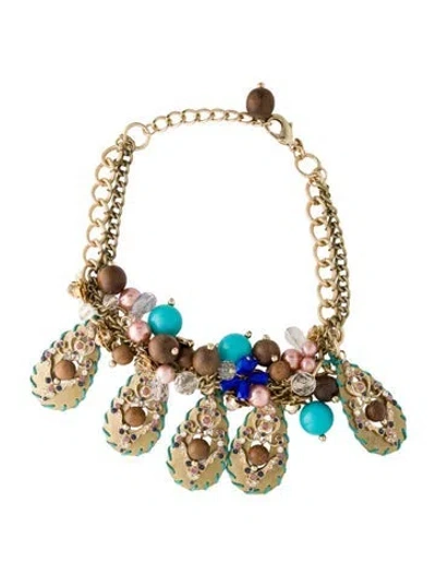 Pre-owned Sequin Faux Pearl, Thread, Wood, Crystal, & Resin Collar Necklace, 19" In Blue/brown/clear