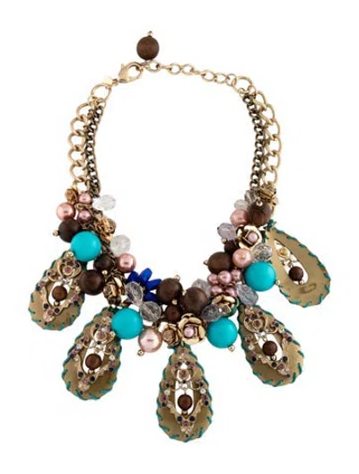 Pre-owned Sequin Faux Pearl, Wood, Crystal, & Resin Station Collar Necklace, 19.5" In Blue/pink