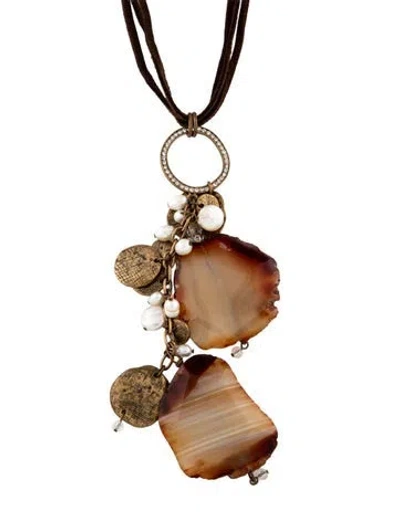 Pre-owned Sequin Suede Cord, Crystal, Stone & Pearl Pendant Necklace, 29.5" In Multicolor