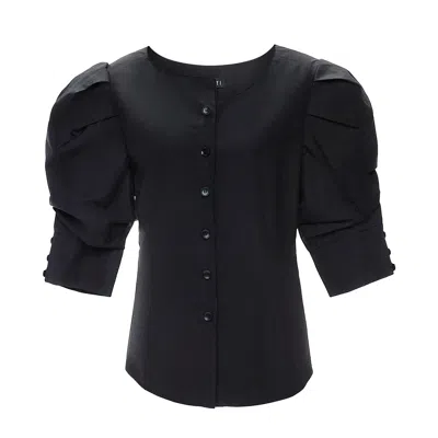 Seragyi Women's Black Martina Cotton Ruched Sleeve And Asymmetrical Neckline Blouse