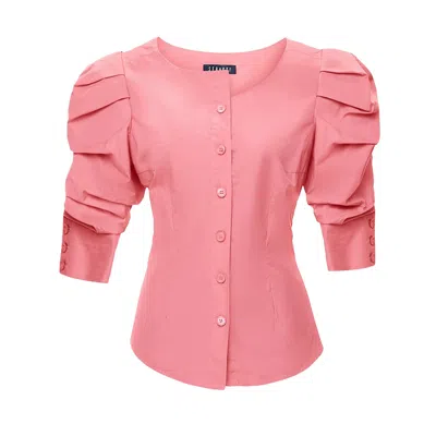 Seragyi Women's Pink / Purple Mauveglow Martina Cotton Ruched Sleeve And Asymmetrical Neckline Blouse In Pink/purple