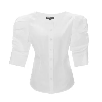 Seragyi Women's White Martina Cotton Ruched Sleeve And Asymmetrical Neckline Blouse