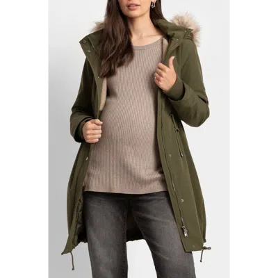 Seraphine 3-in-1 Maternity Parka With Faux Fur Trim Hood In Khaki