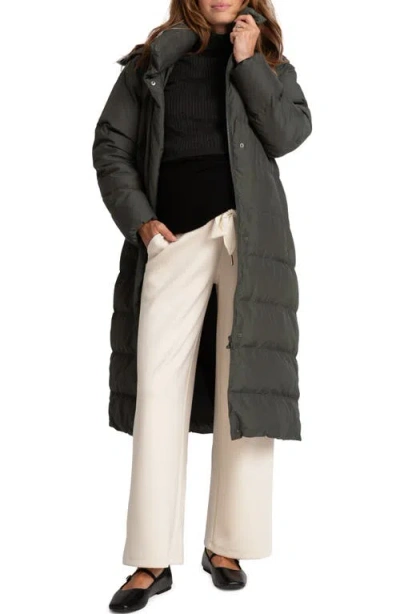 Seraphine Belted Maternity Puffer Jacket With Removable Faux Fur Trim Hood In Khaki Grey