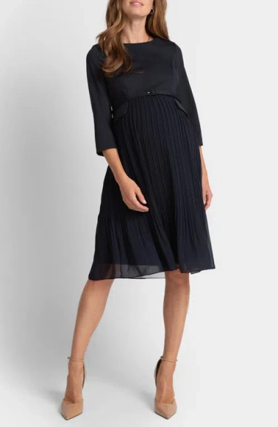 Seraphine Belted Three-quarter Sleeve Stretch Mixed Media Maternity A-line Dress In Navy